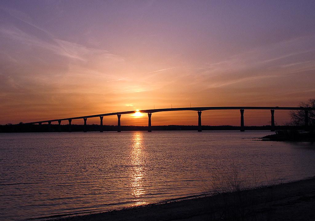 Sunset over the Solomons bridge and waterfront
